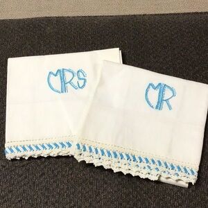 Classic White and Blue Monogrammed pillowcases with Crochet Trim